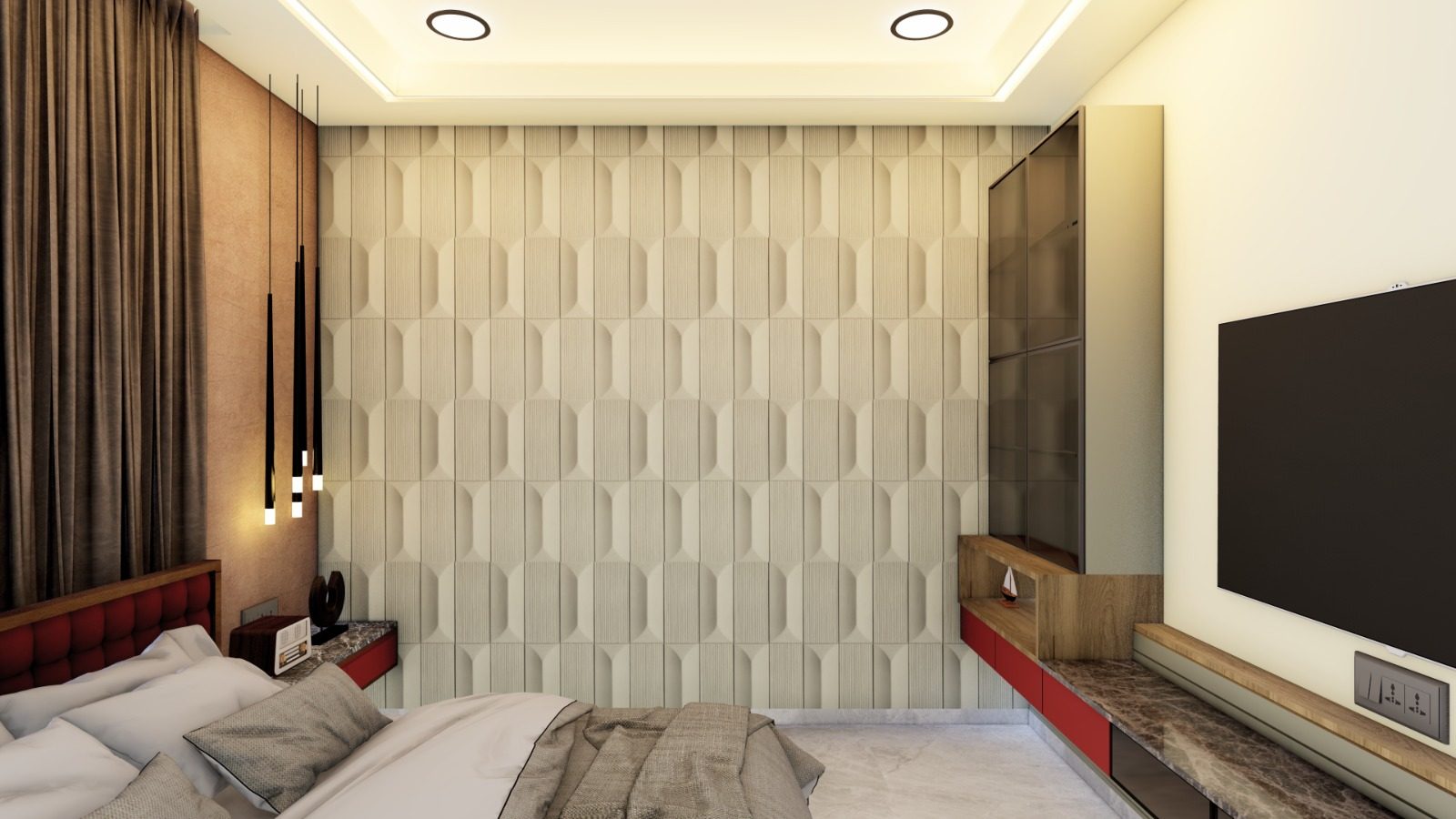 Bedroom with sculpted 3D wall panels and pendant lights