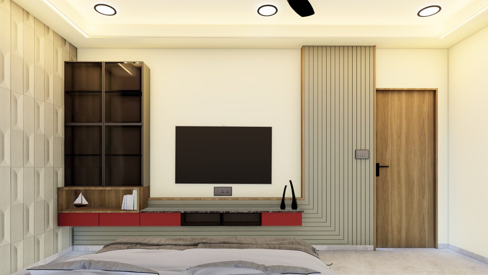 Bedroom TV wall with glass display cabinet and red accent drawers