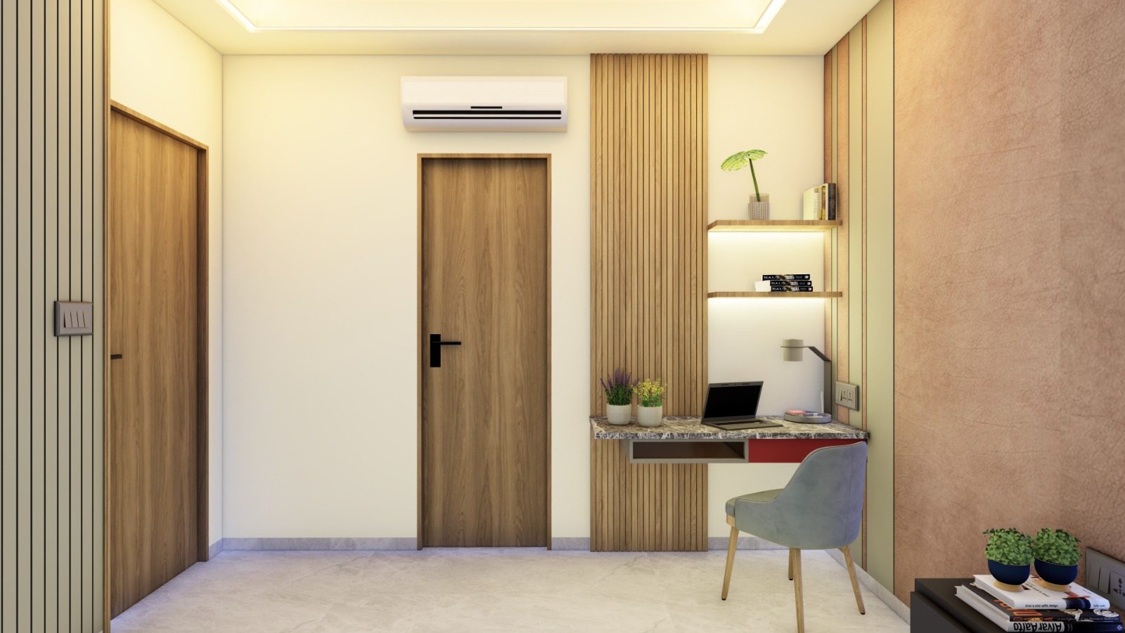 Study nook with wooden fluted panel and floating marble desk